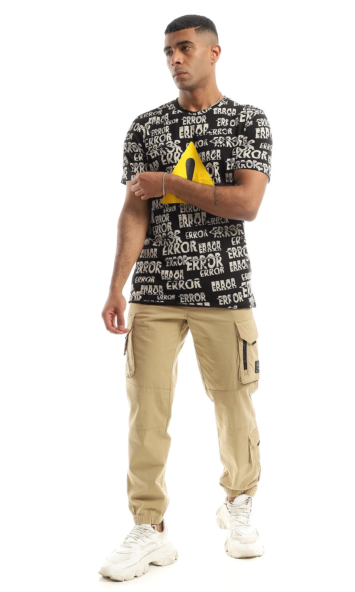 97364 Printed "Error" Cotton Regular Fit T-Shirt - Black & Beige