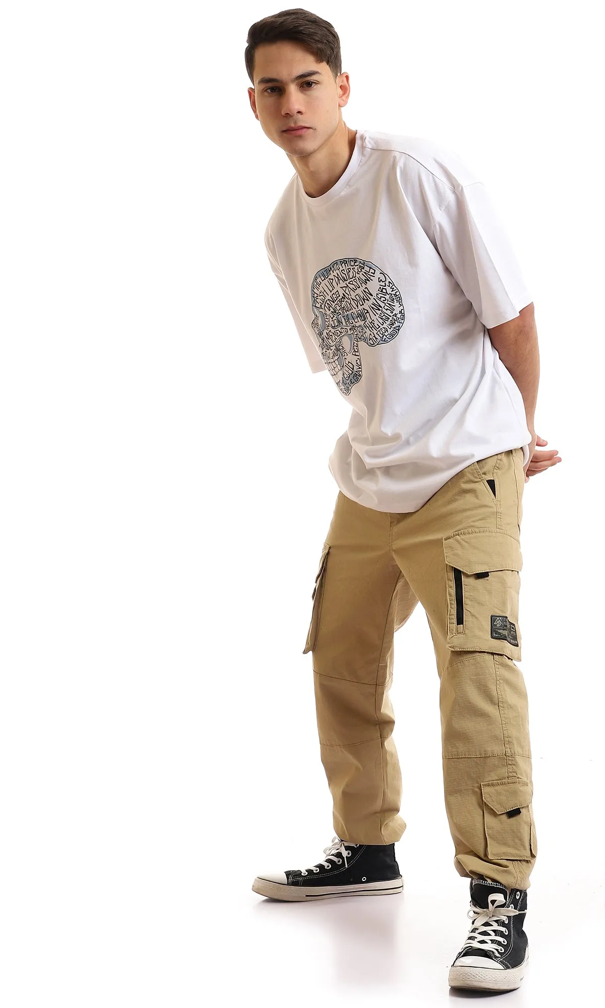 97389 Printed Texted Skull White Slip On T-Shirt