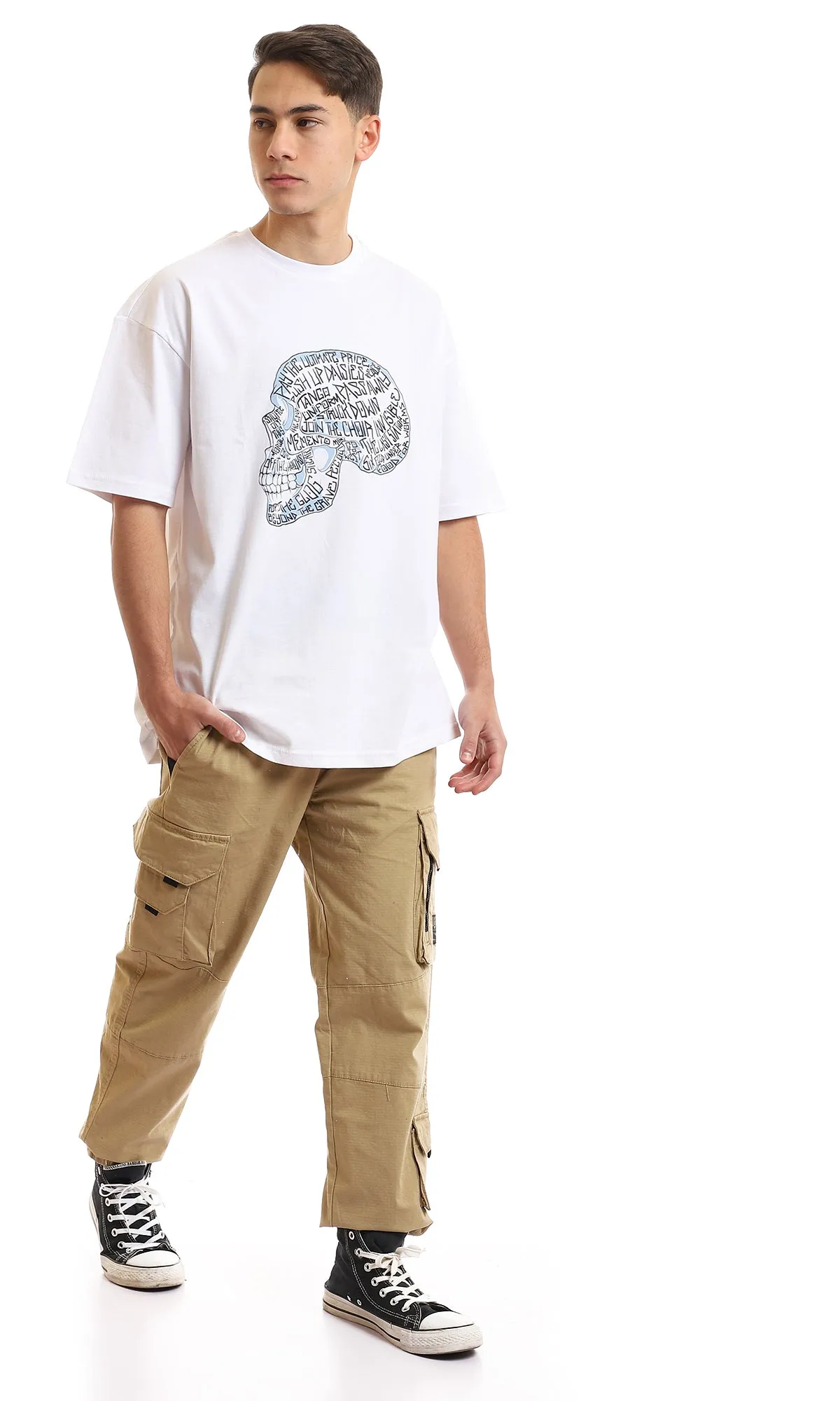97389 Printed Texted Skull White Slip On T-Shirt