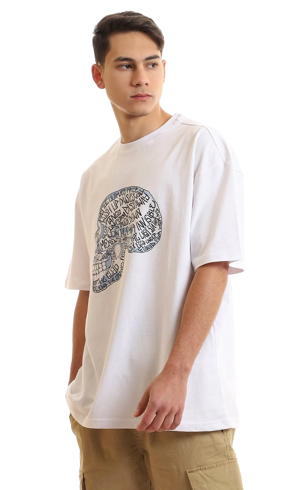 97389 Printed Texted Skull White Slip On T-Shirt
