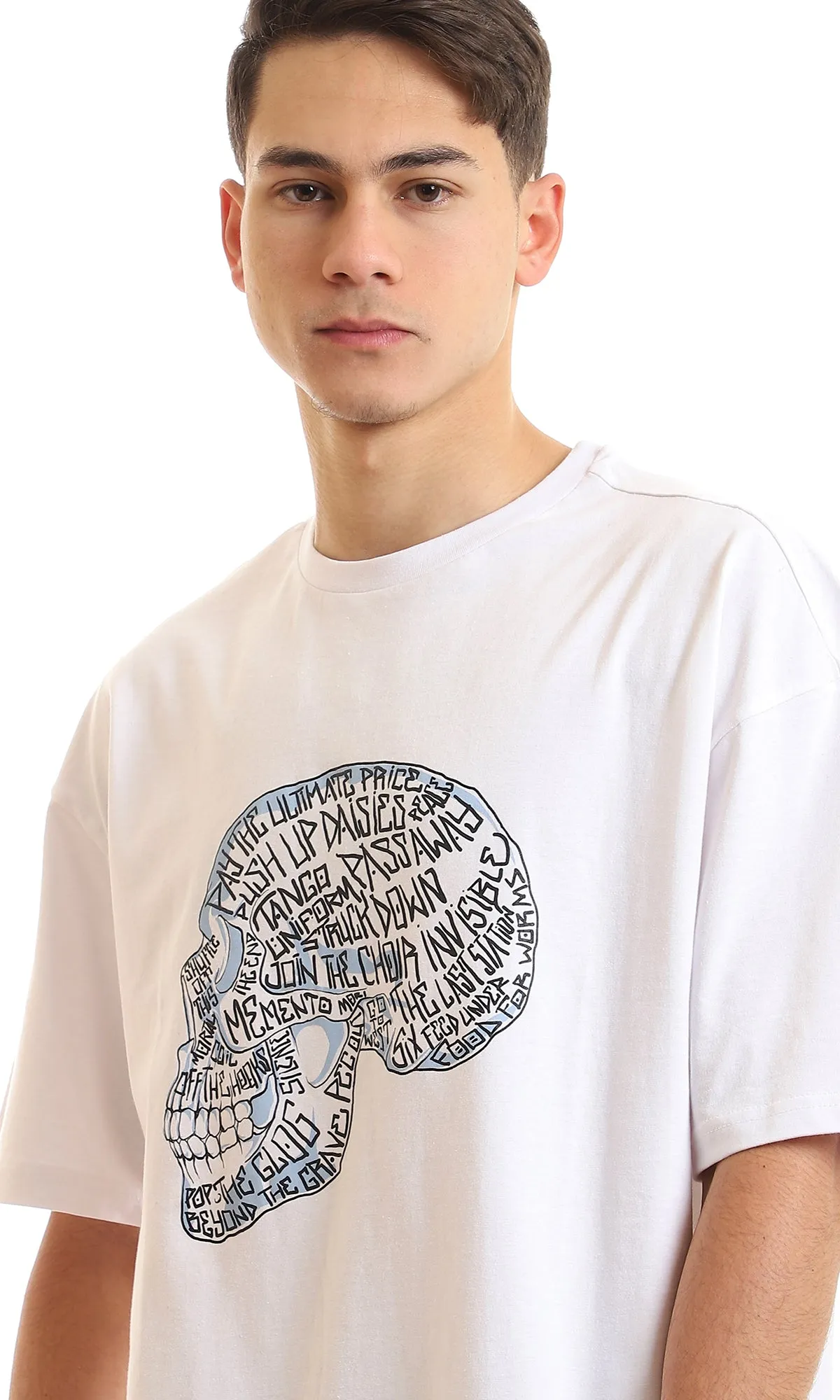 97389 Printed Texted Skull White Slip On T-Shirt