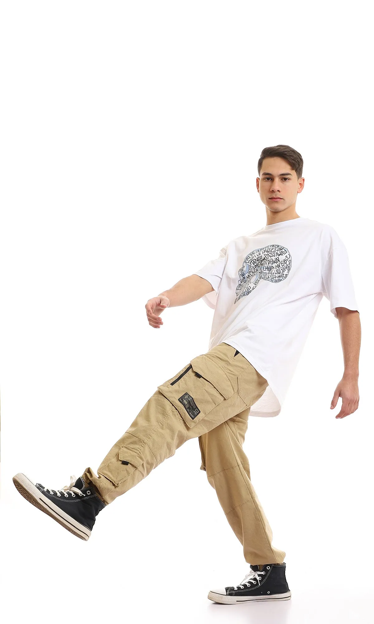 97389 Printed Texted Skull White Slip On T-Shirt