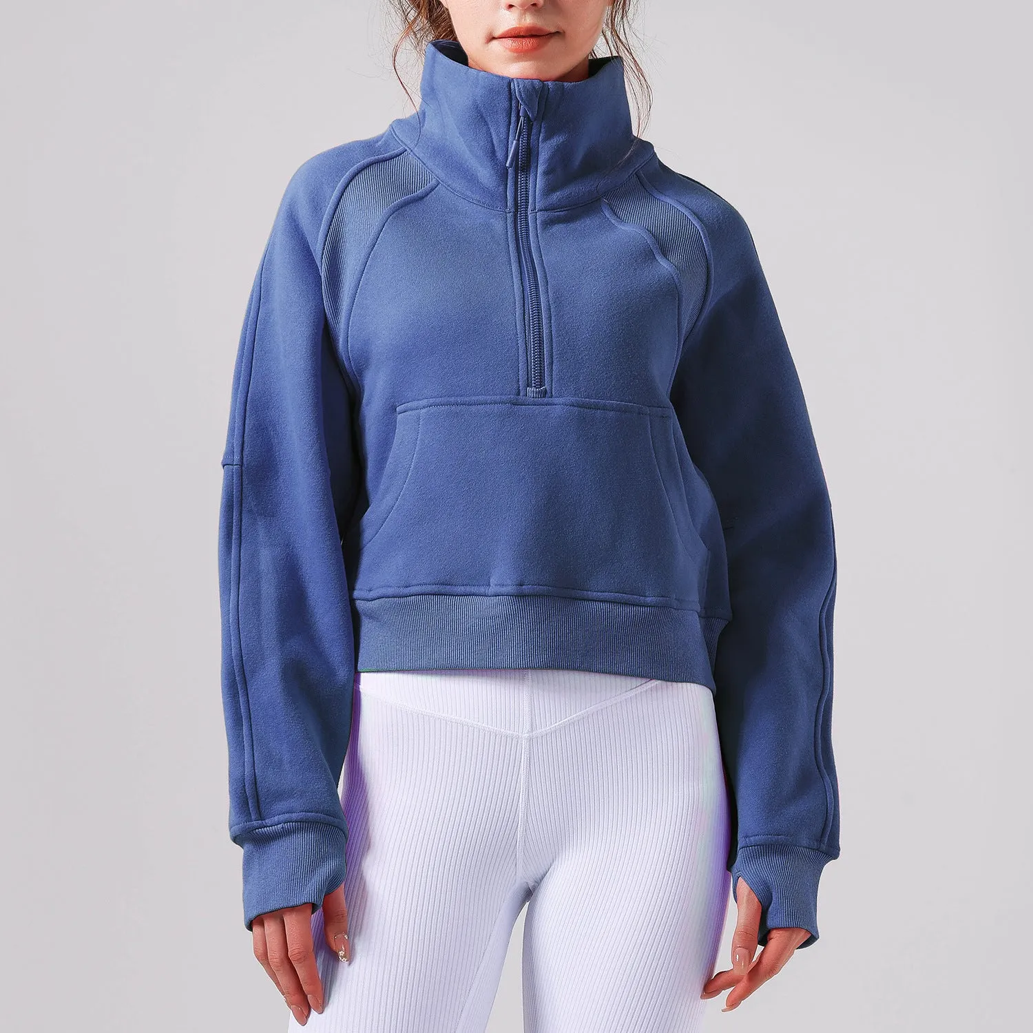 Autumn Winter Yoga Wear Sports Jacket Half Zipped Stand Collar Finger Lock Top Running Fitness Sweater