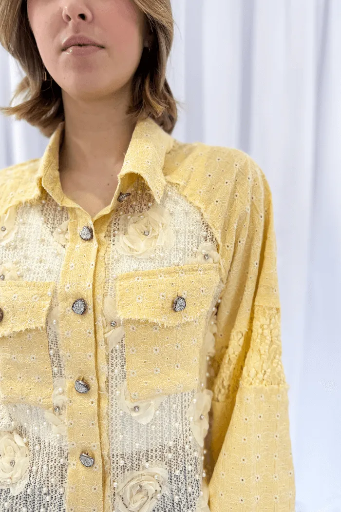 Balloon Sleeve Flower Pearl Jacket in Yellow
