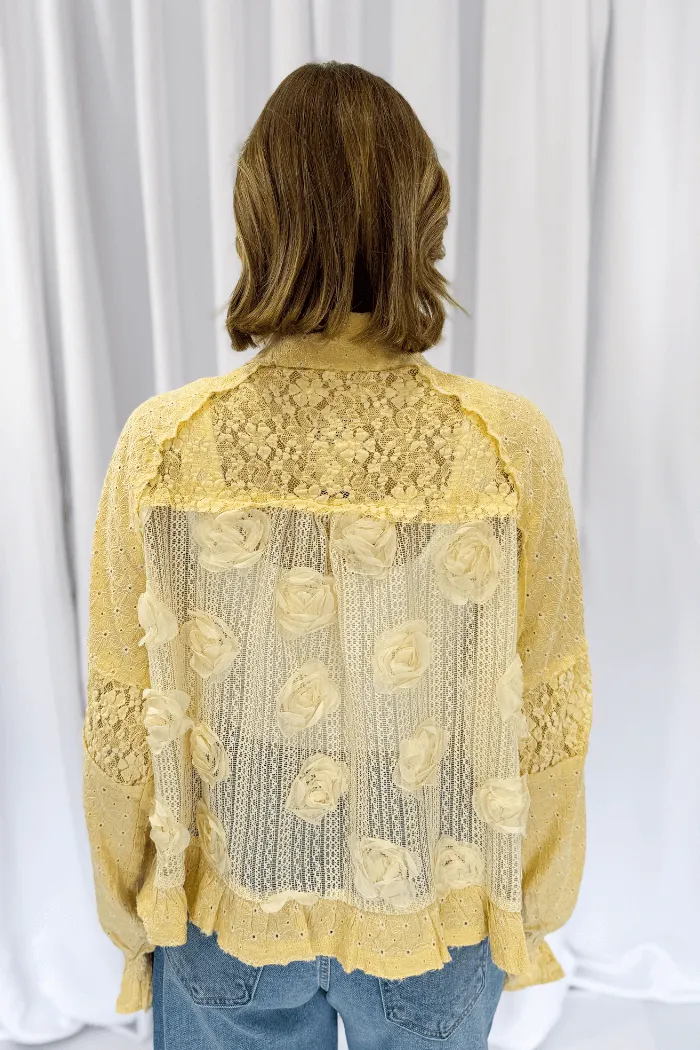 Balloon Sleeve Flower Pearl Jacket in Yellow