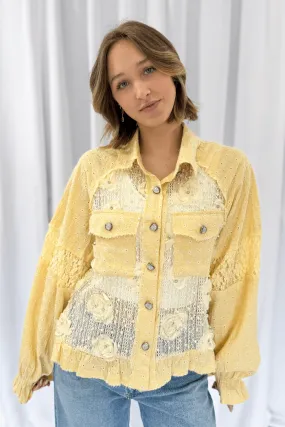 Balloon Sleeve Flower Pearl Jacket in Yellow