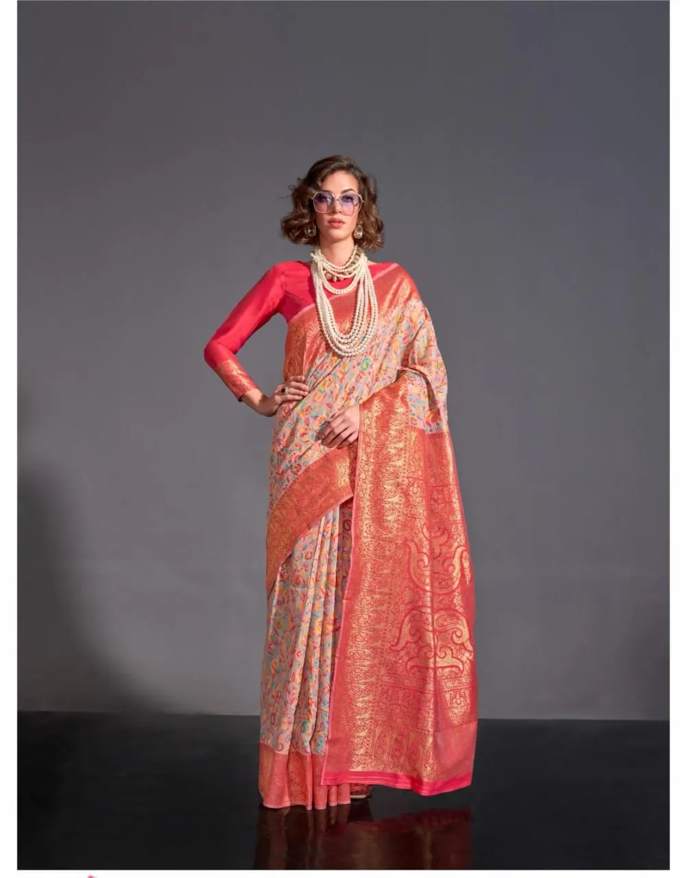 Beige Color Pure Knaaz Silk Modal Kashmiri Chaap Handloom Weaving Silk Saree