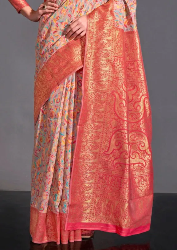 Beige Color Pure Knaaz Silk Modal Kashmiri Chaap Handloom Weaving Silk Saree