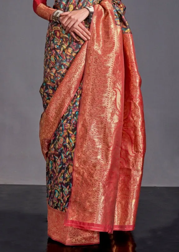Black Read Pure Knaaz Silk Modal Kashmiri Chaap Handloom Weaving Silk Saree