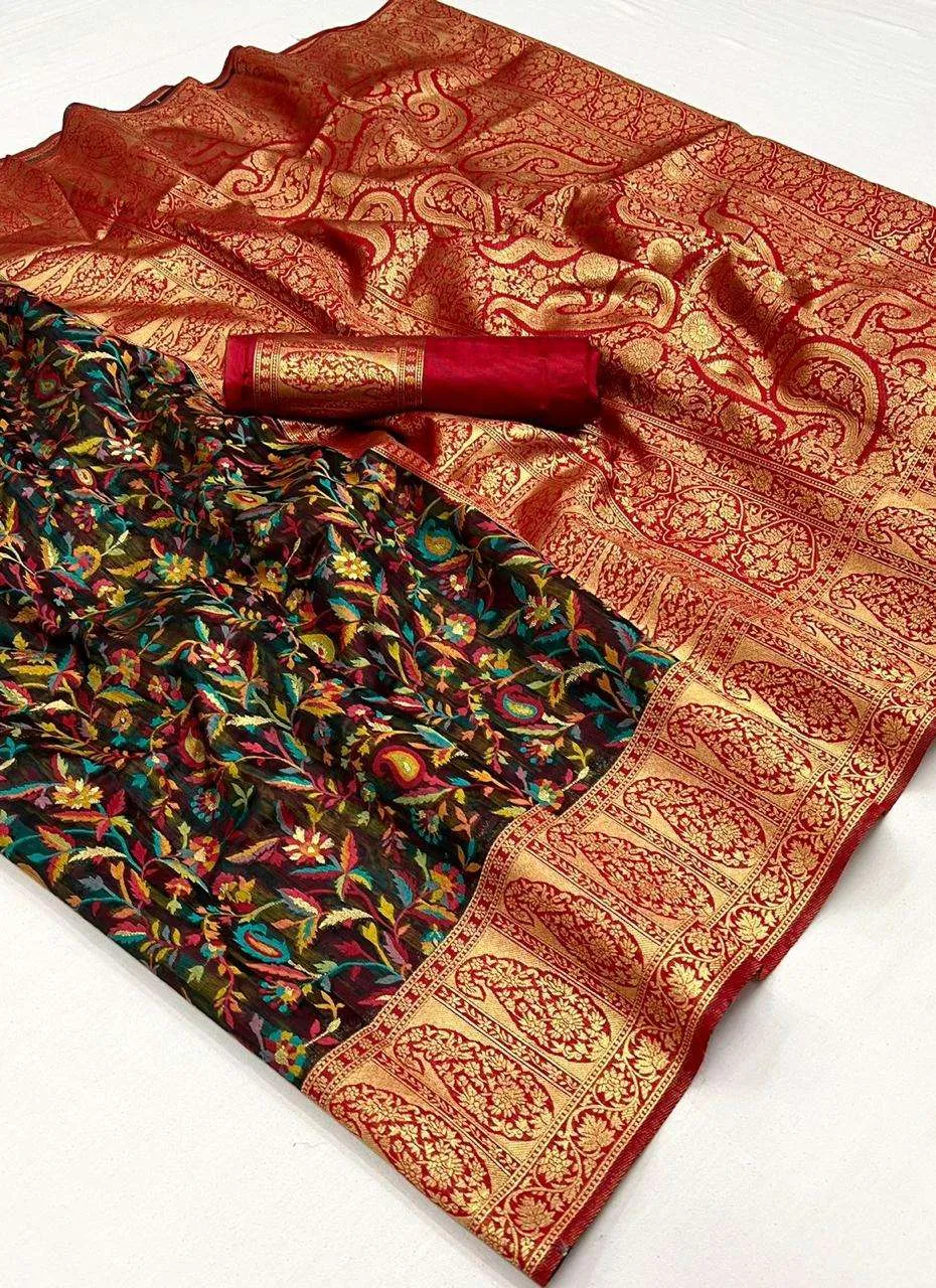 Black Read Pure Knaaz Silk Modal Kashmiri Chaap Handloom Weaving Silk Saree