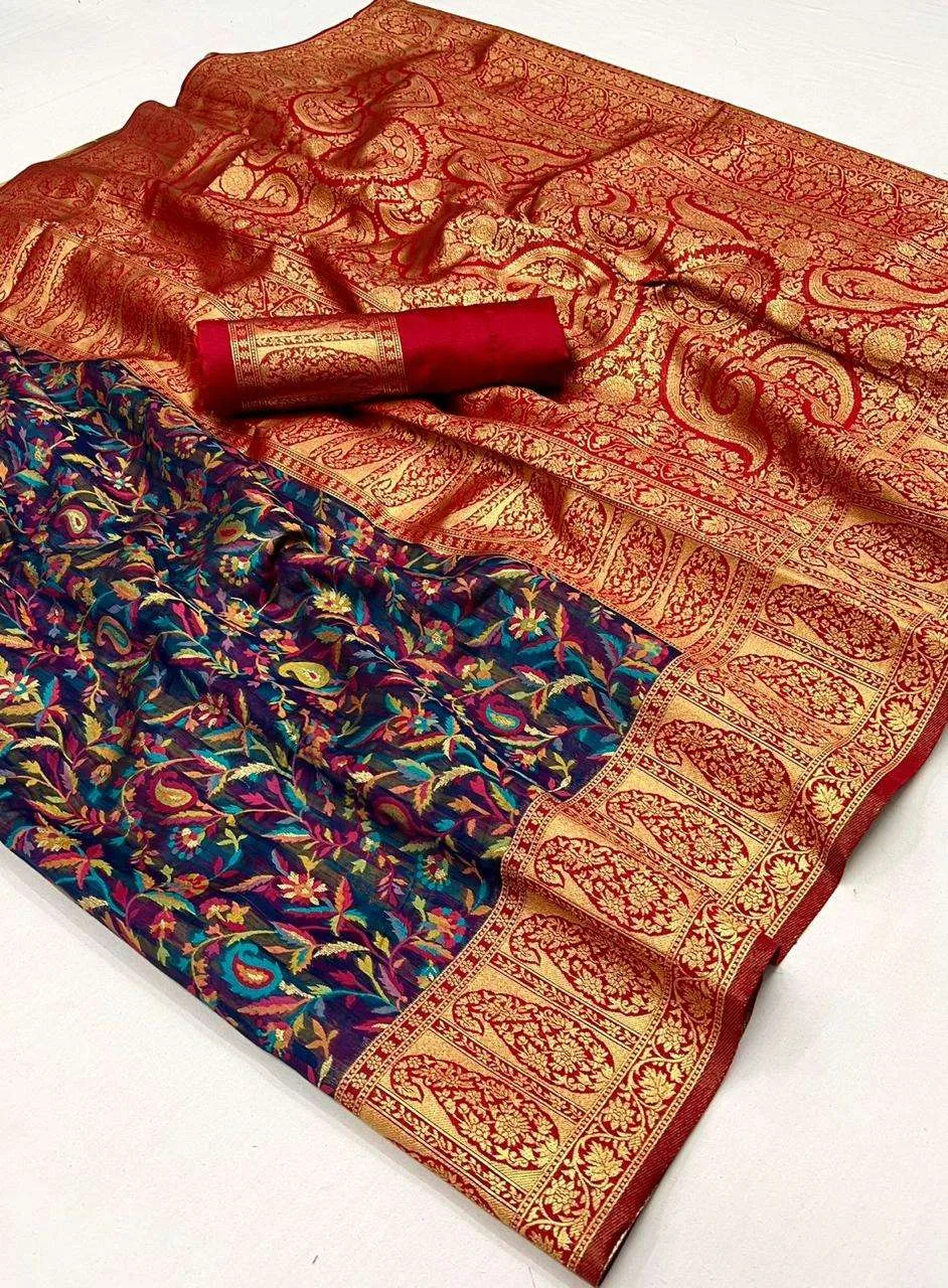 Black Red Colour Pure Knaaz Silk Modal Kashmiri Chaap Handloom Weaving Silk Saree