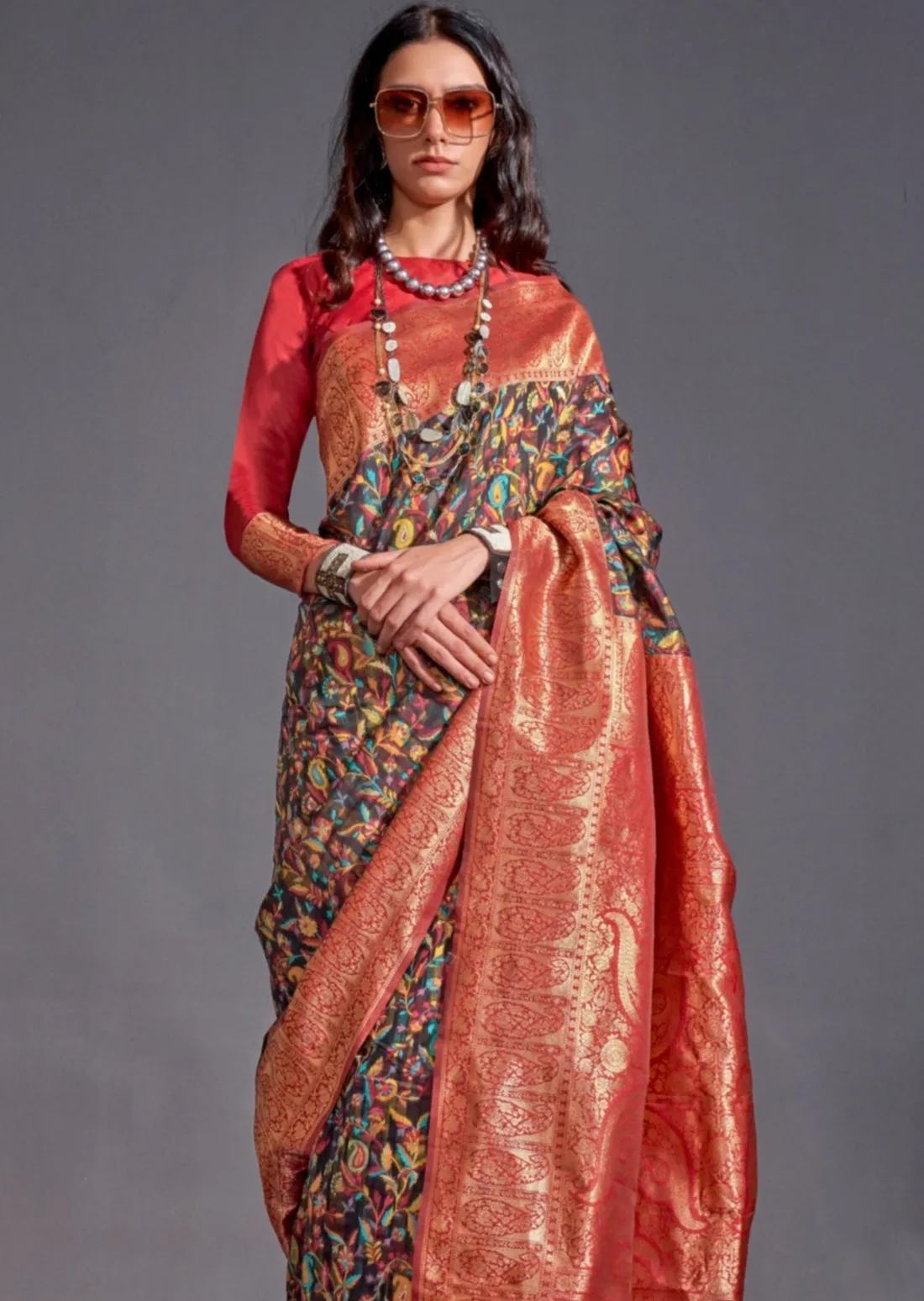 Black Red Colour Pure Knaaz Silk Modal Kashmiri Chaap Handloom Weaving Silk Saree