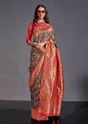 Black Red Colour Pure Knaaz Silk Modal Kashmiri Chaap Handloom Weaving Silk Saree