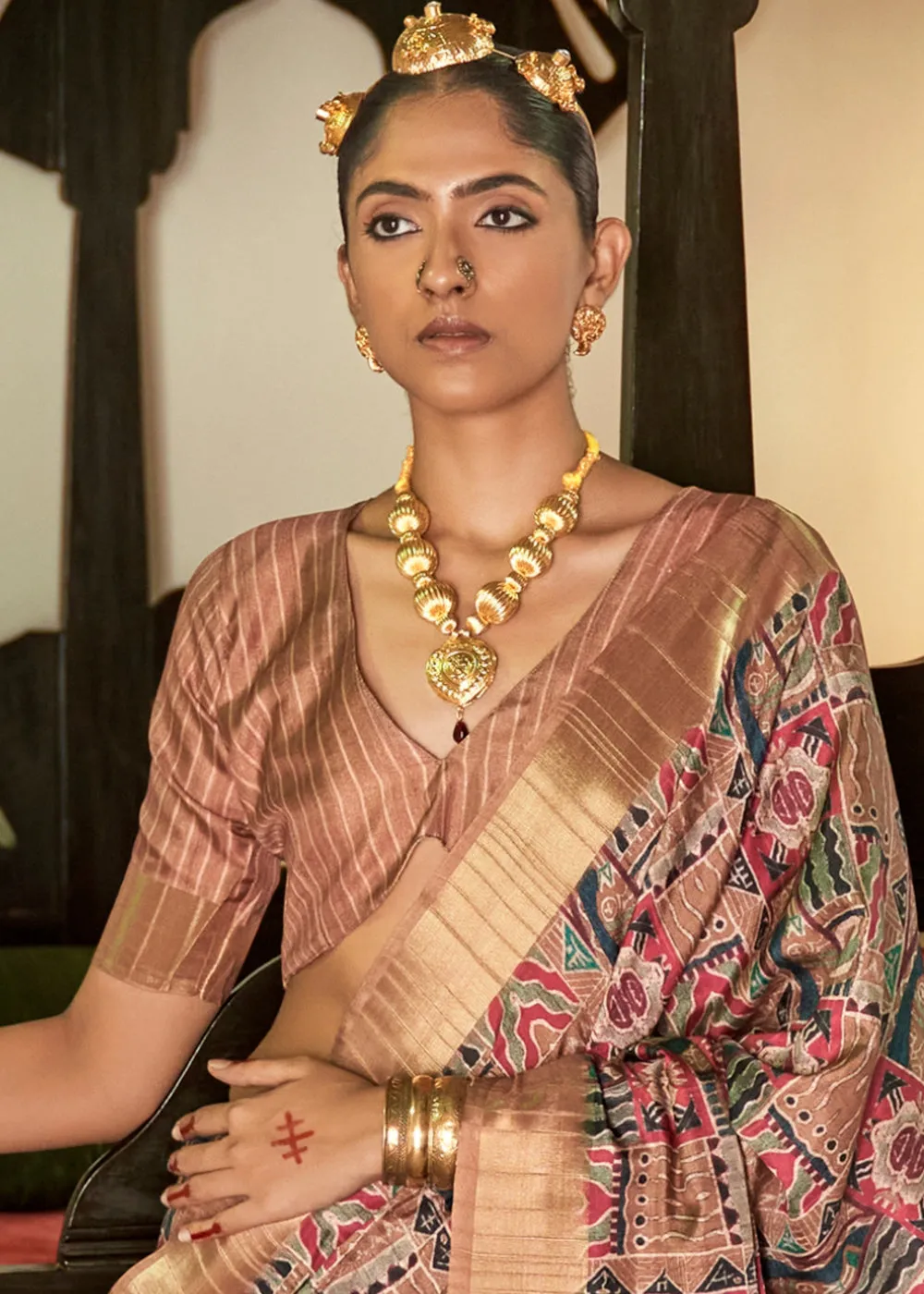 Brandy Rose Pink and Brown Digital Printed Party Wear Banarasi Silk Saree