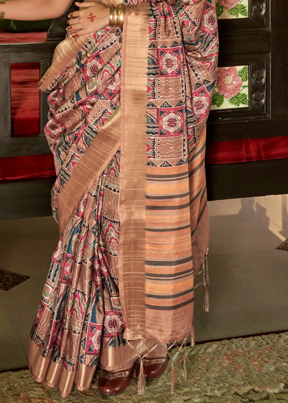 Brandy Rose Pink and Brown Digital Printed Party Wear Banarasi Silk Saree