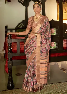 Brandy Rose Pink and Brown Digital Printed Party Wear Banarasi Silk Saree