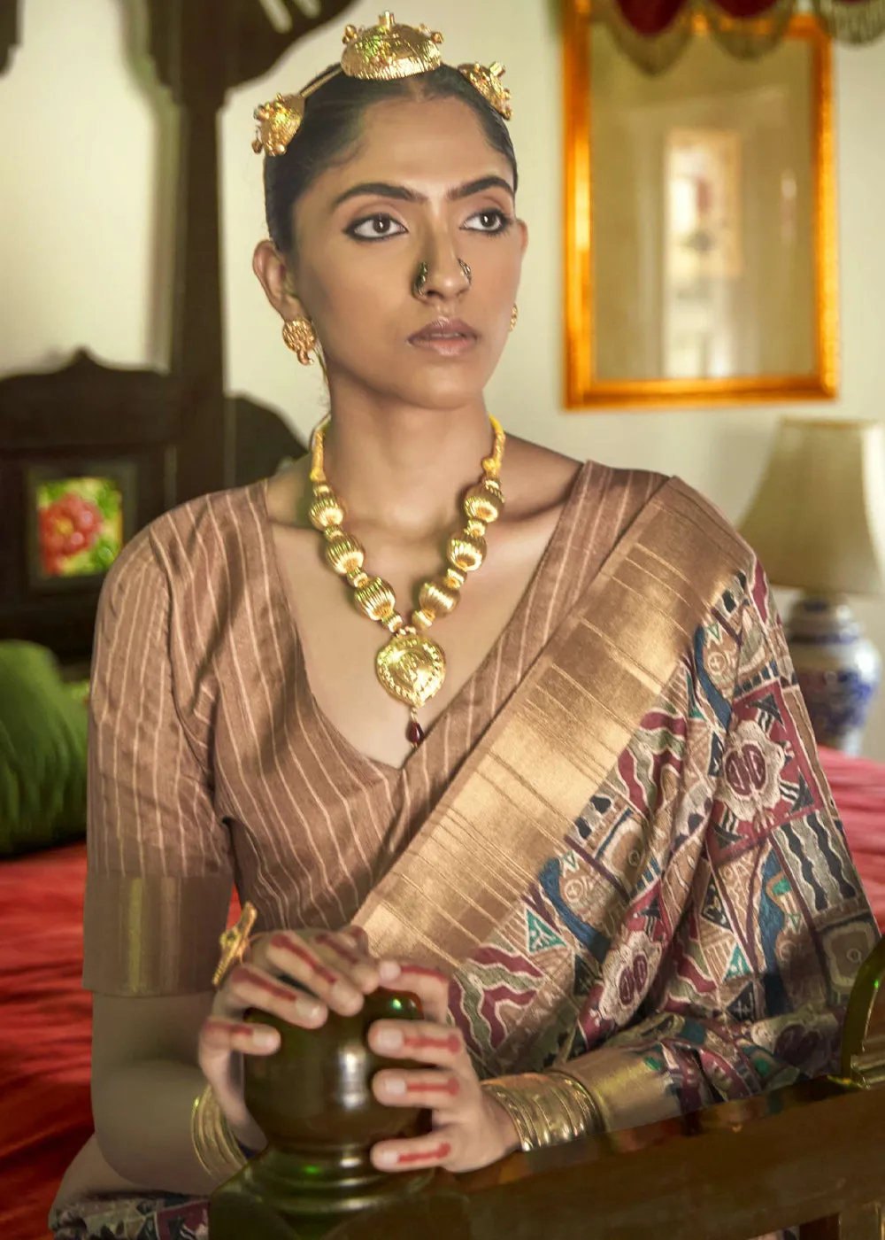 Brandy Rose Pink and Brown Digital Printed Party Wear Banarasi Silk Saree
