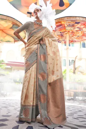 Cashmere Cream Party Wear Two Tone Contrast Handloom Weaving Silk Saree