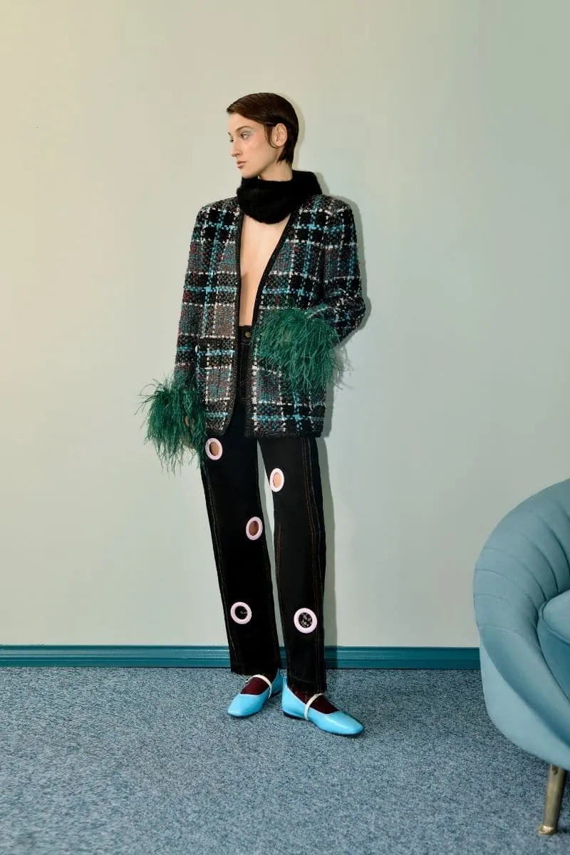 CHECKERED BLUE WOOL-BLEND JACKET WITH GREEN FEATHER-DETAILING