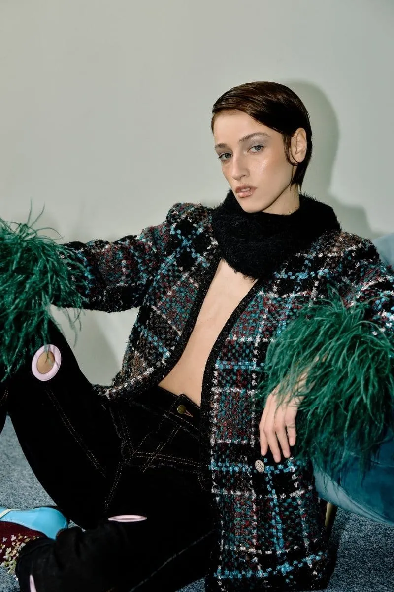 CHECKERED BLUE WOOL-BLEND JACKET WITH GREEN FEATHER-DETAILING