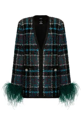 CHECKERED BLUE WOOL-BLEND JACKET WITH GREEN FEATHER-DETAILING