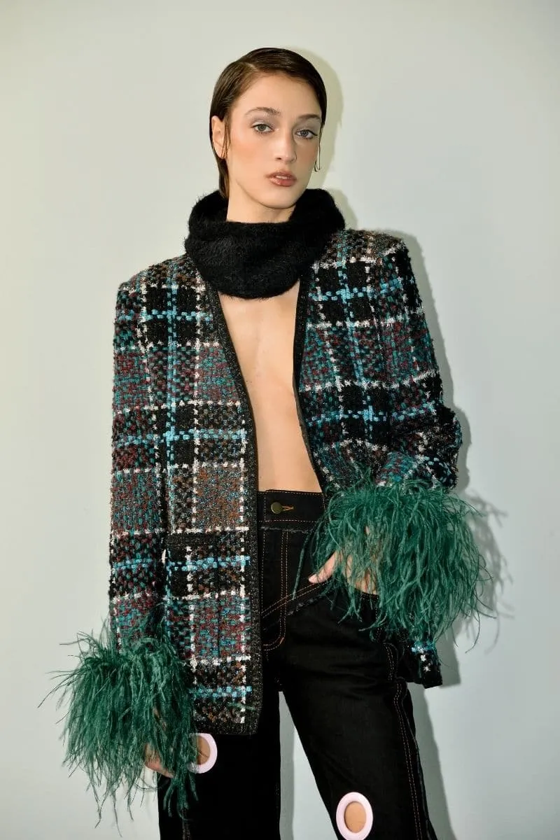 CHECKERED BLUE WOOL-BLEND JACKET WITH GREEN FEATHER-DETAILING