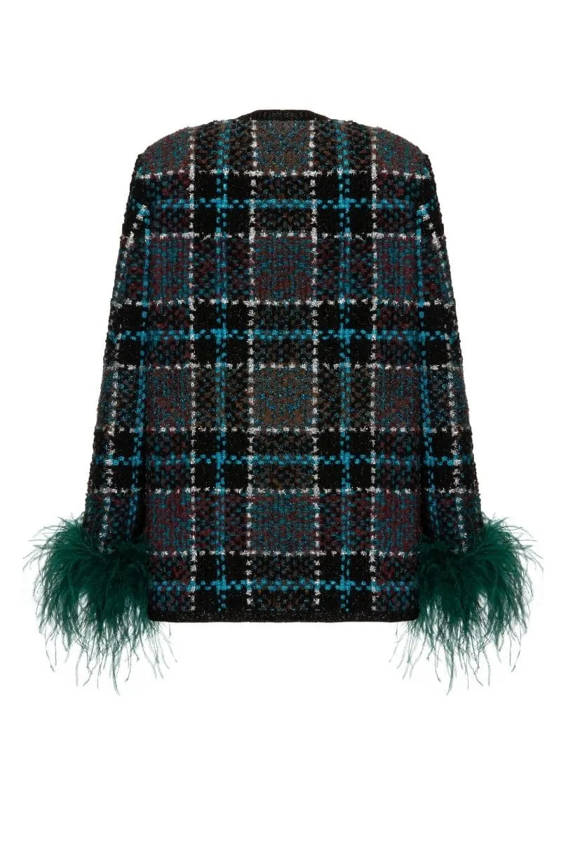 CHECKERED BLUE WOOL-BLEND JACKET WITH GREEN FEATHER-DETAILING