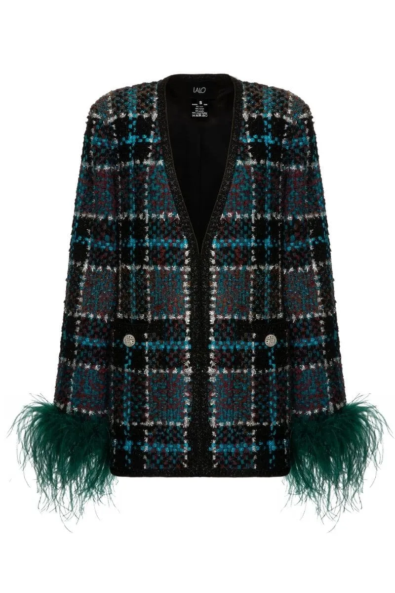 CHECKERED BLUE WOOL-BLEND JACKET WITH GREEN FEATHER-DETAILING