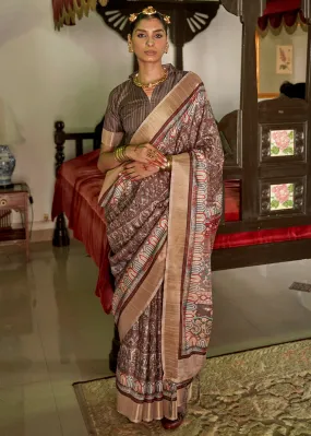 Coffee Dark Brown Digital Printed Party Wear Banarasi Silk Saree