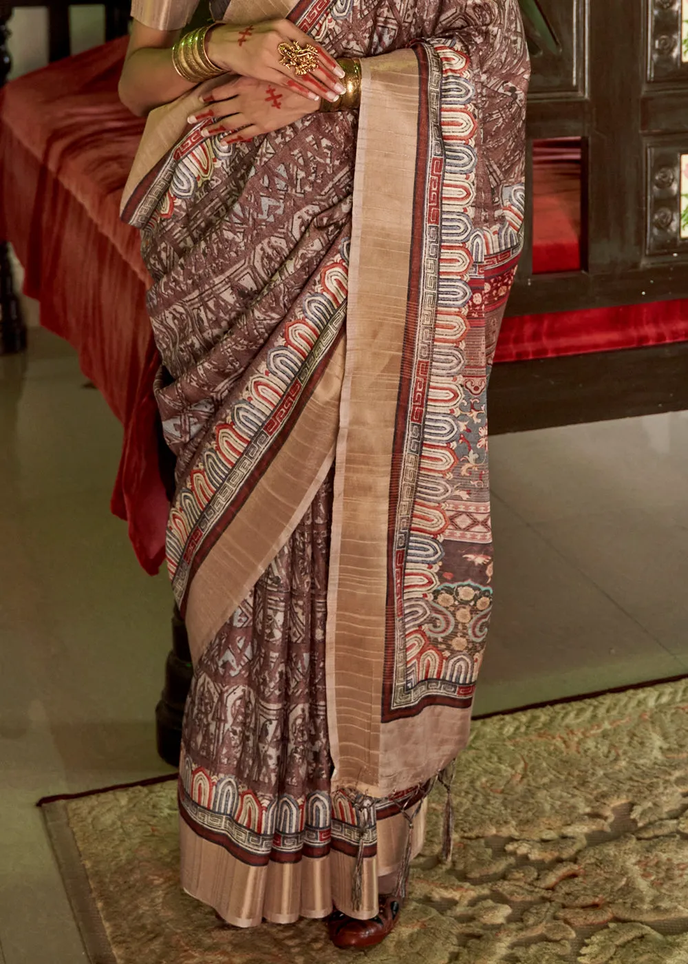 Coffee Dark Brown Digital Printed Party Wear Banarasi Silk Saree