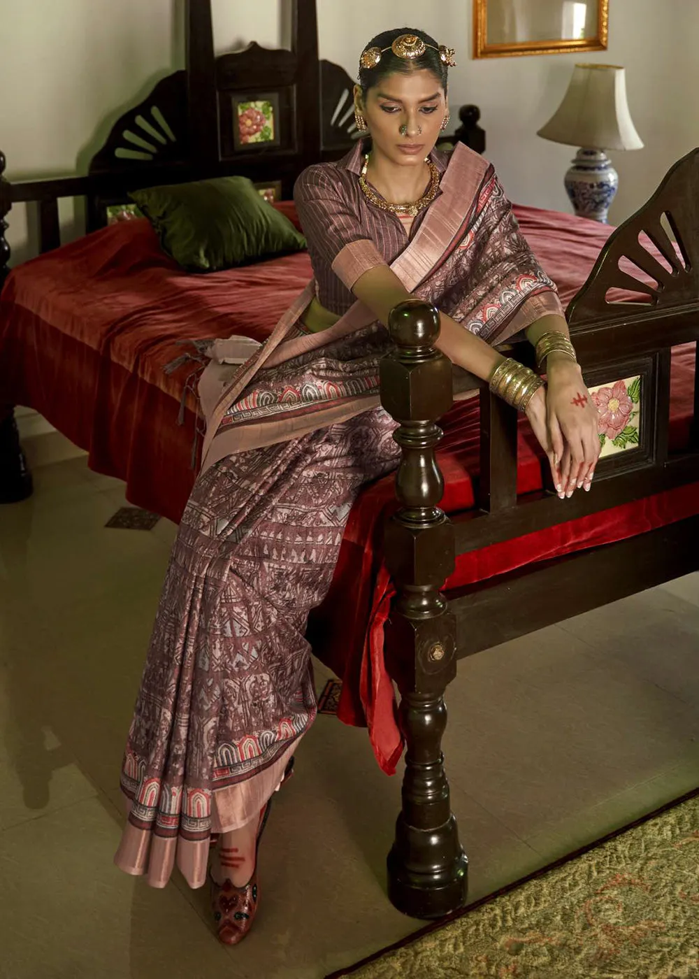 Coffee Dark Brown Digital Printed Party Wear Banarasi Silk Saree