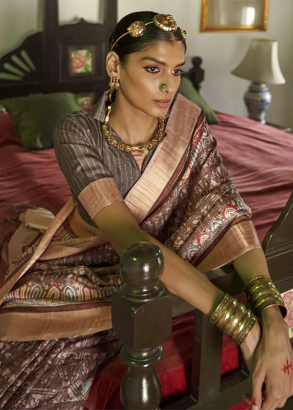 Coffee Dark Brown Digital Printed Party Wear Banarasi Silk Saree