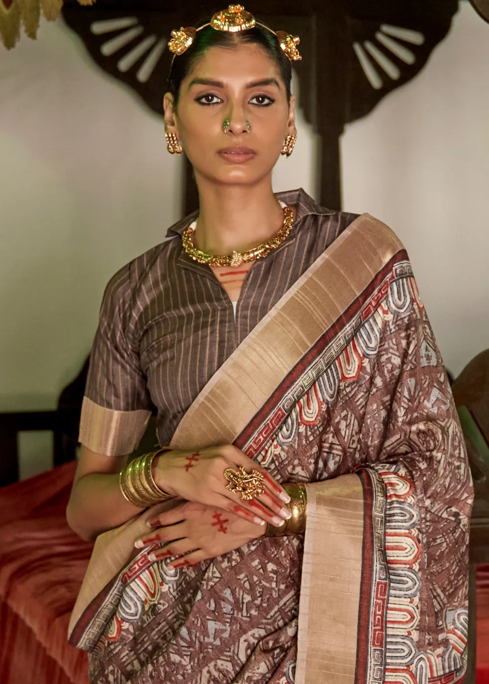 Coffee Dark Brown Digital Printed Party Wear Banarasi Silk Saree