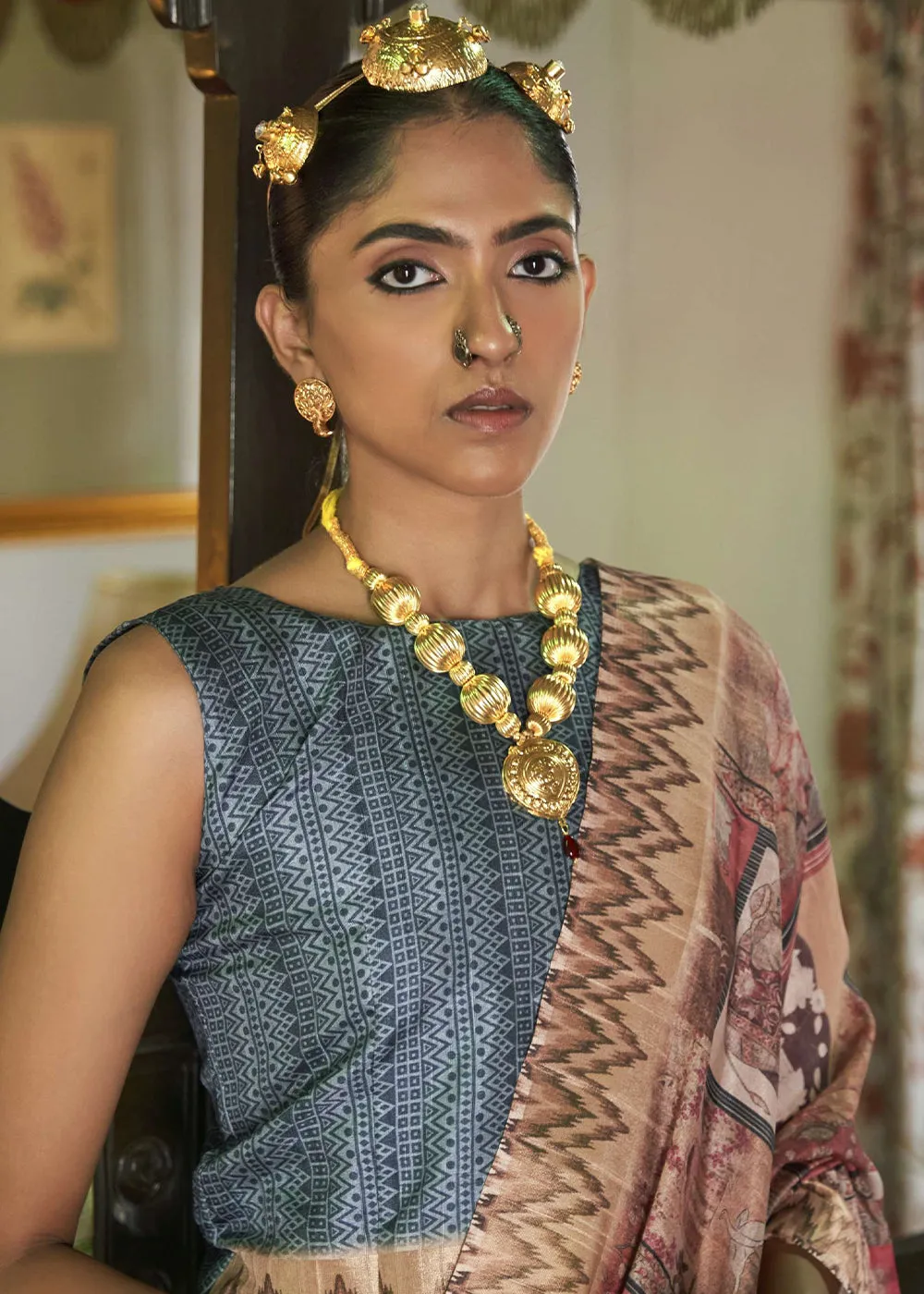 Copper Brown and Blue  Digital Printed Party Wear Banarasi Silk Saree