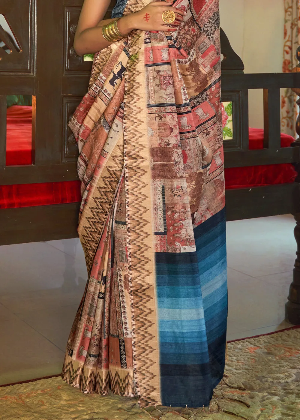Copper Brown and Blue  Digital Printed Party Wear Banarasi Silk Saree