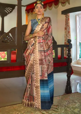 Copper Brown and Blue  Digital Printed Party Wear Banarasi Silk Saree