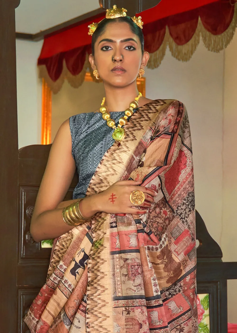 Copper Brown and Blue  Digital Printed Party Wear Banarasi Silk Saree