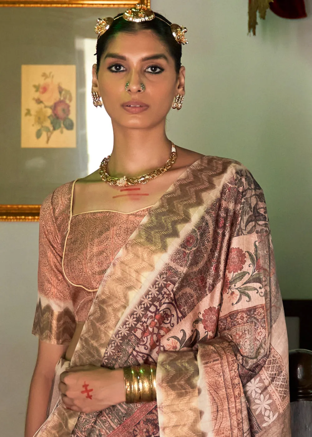 Copper Rust Multicolored Digital Printed Party Wear Banarasi Silk Saree