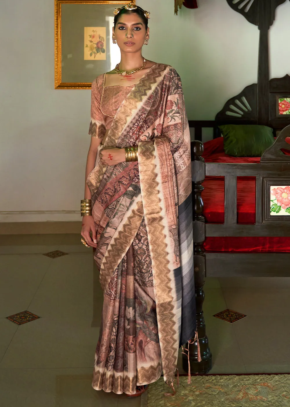 Copper Rust Multicolored Digital Printed Party Wear Banarasi Silk Saree