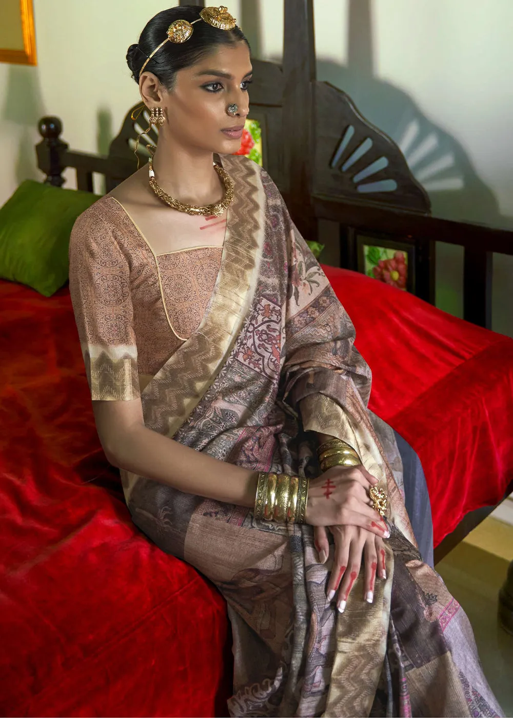Copper Rust Multicolored Digital Printed Party Wear Banarasi Silk Saree