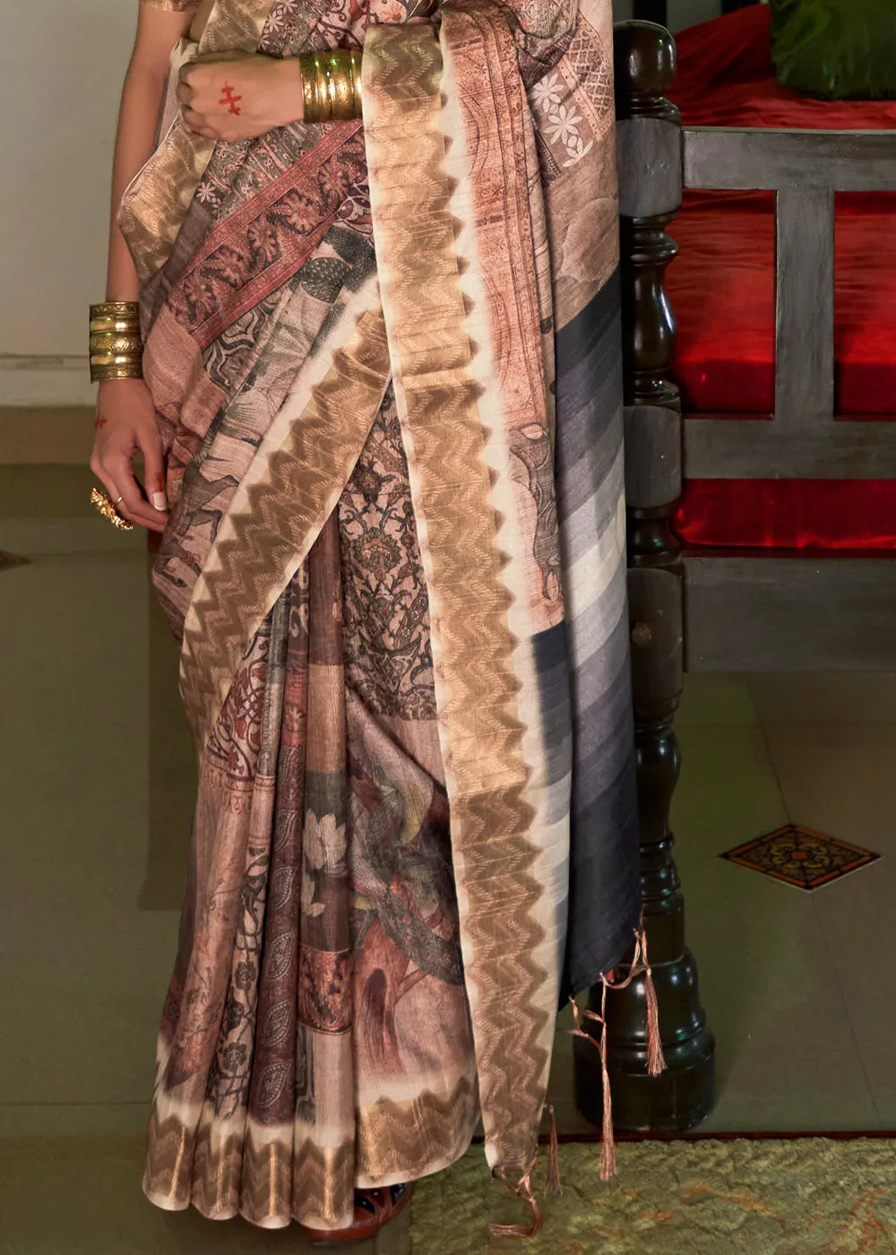 Copper Rust Multicolored Digital Printed Party Wear Banarasi Silk Saree