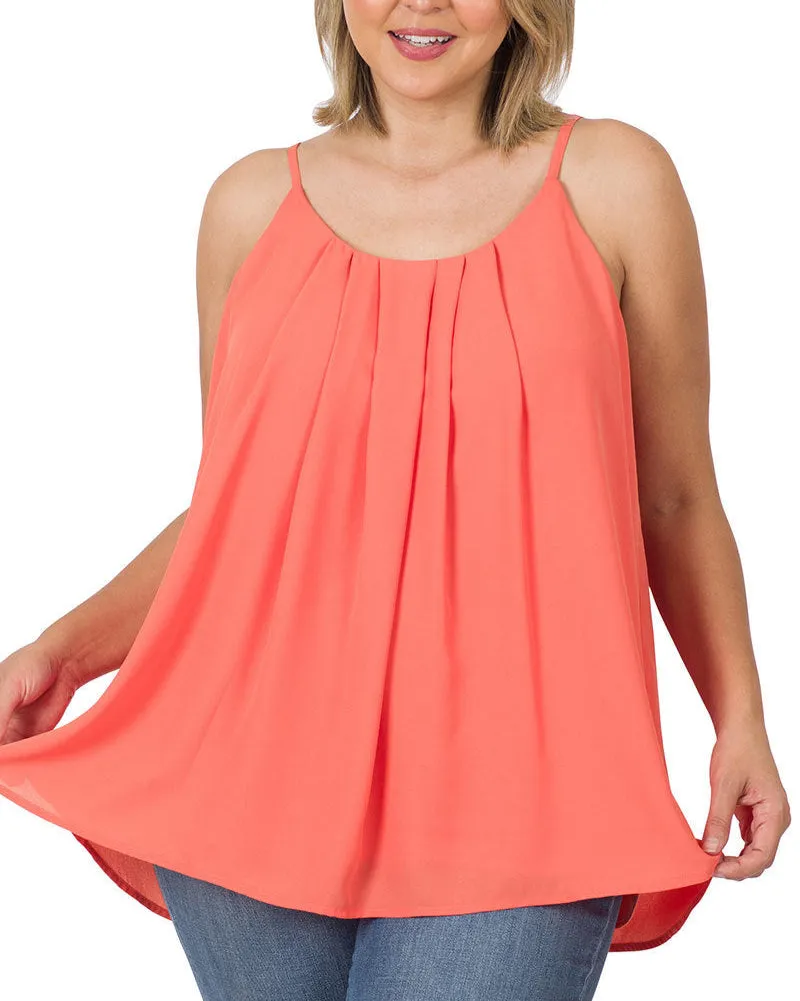 Curvy Deep Coral Pleated Tank Top