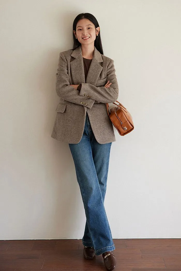 Front One Button Wool Blend Tailored Blazer