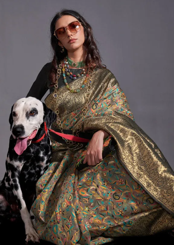 Grey Black Pure Knaaz Silk Modal Kashmiri Chaap Handloom Weaving Silk Saree