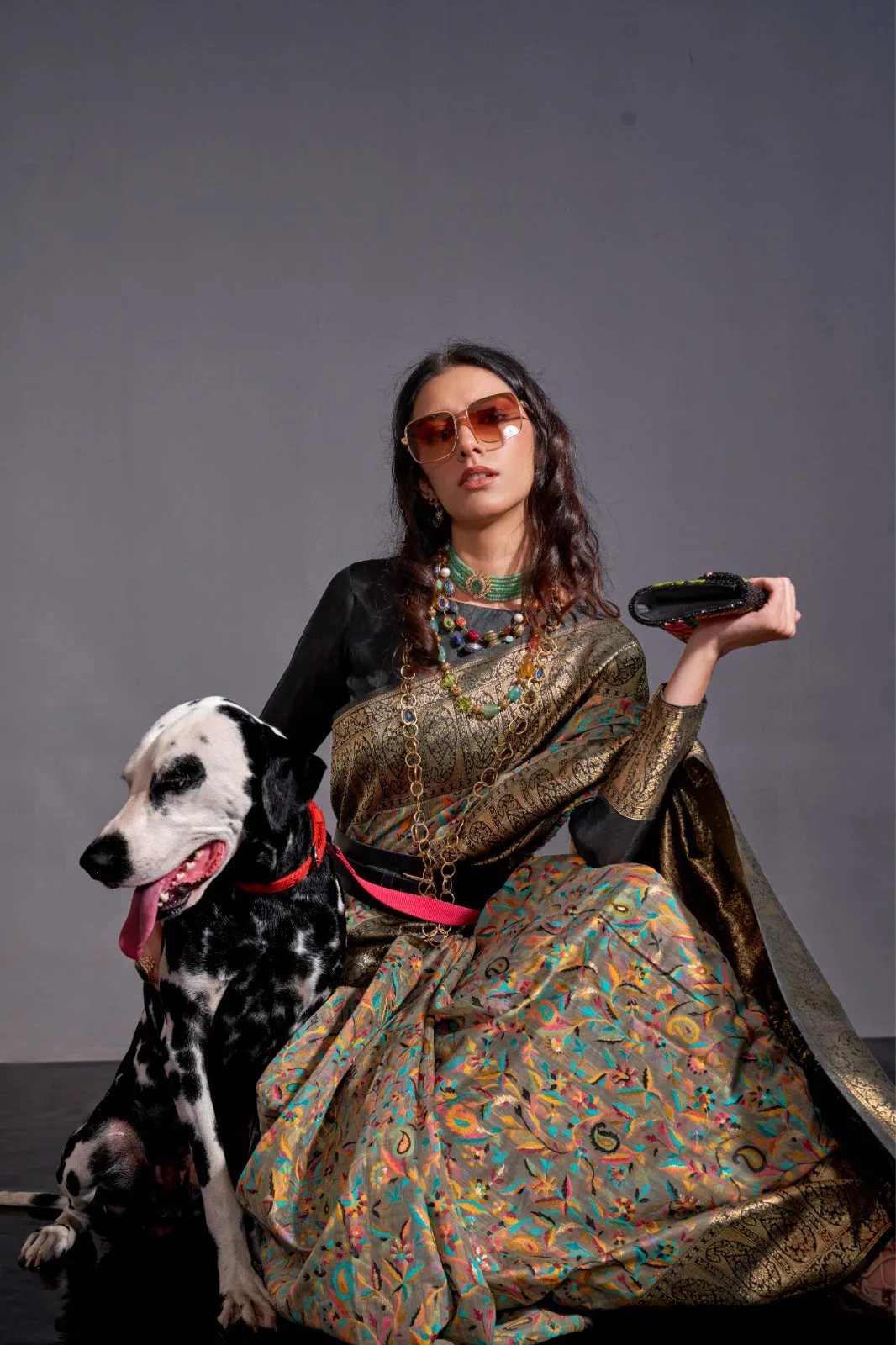 Grey Black Pure Knaaz Silk Modal Kashmiri Chaap Handloom Weaving Silk Saree