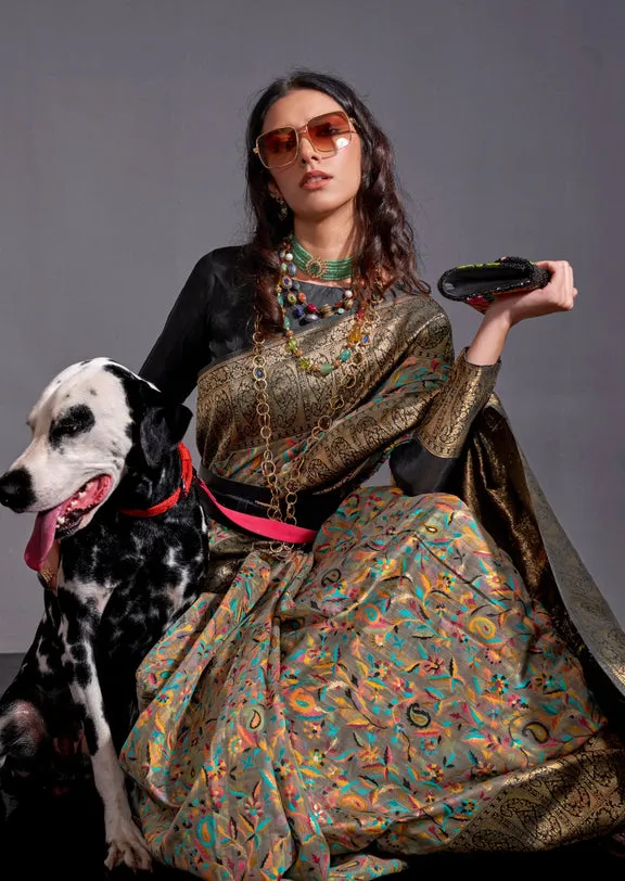 Grey Black Pure Knaaz Silk Modal Kashmiri Chaap Handloom Weaving Silk Saree