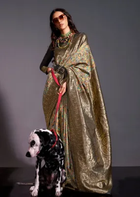 Grey Black Pure Knaaz Silk Modal Kashmiri Chaap Handloom Weaving Silk Saree