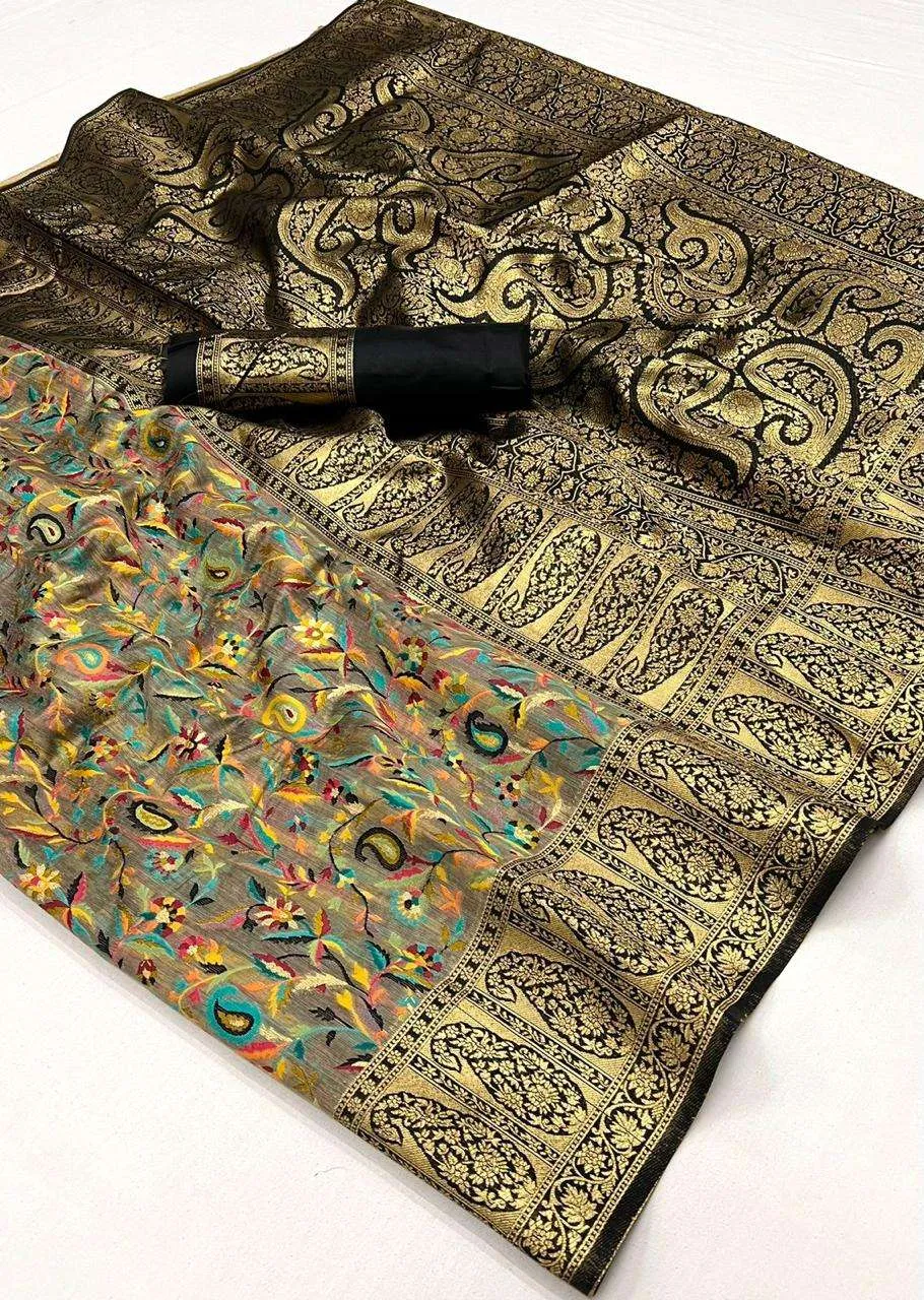 Grey Black Pure Knaaz Silk Modal Kashmiri Chaap Handloom Weaving Silk Saree