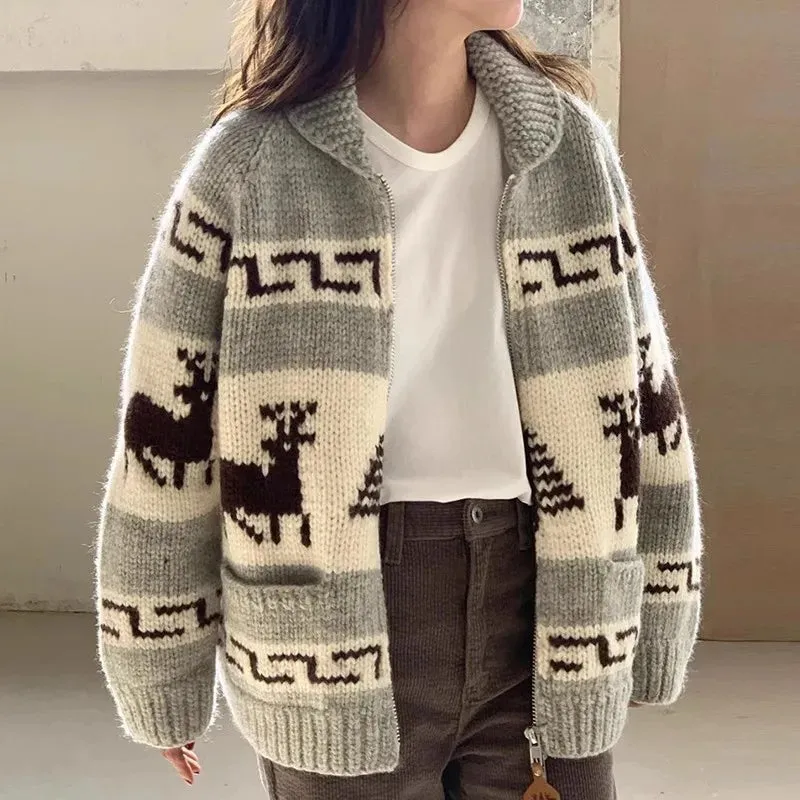 hulianfu Chic Knitted Cardigan Women Sweaters Pull Print Zipper Christmas Sweater Temperament Vintage Casual Oversized Sweater Tops