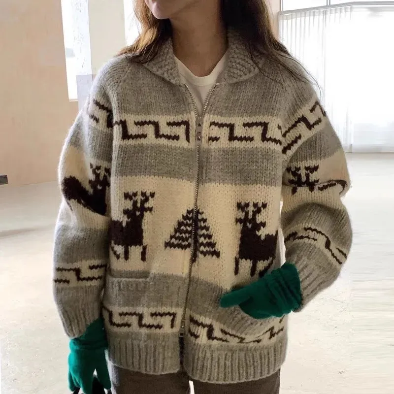 hulianfu Chic Knitted Cardigan Women Sweaters Pull Print Zipper Christmas Sweater Temperament Vintage Casual Oversized Sweater Tops